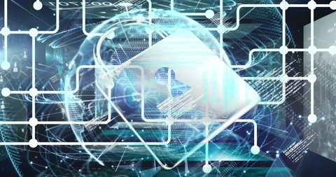 Animation of network of connections over padlock icon and data processing on Vídeos de archivo 326410601