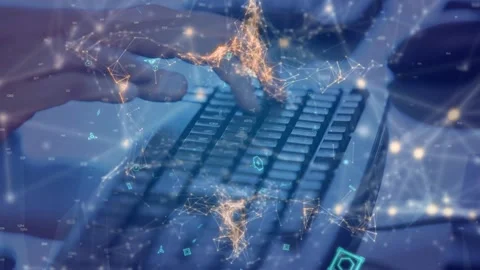 Animation of network of connections over person typing on computer keyboard Stock Footage 330583452
