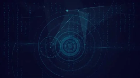 Animation of network of connections over round scanner and binary coding against Stock Footage 233649550