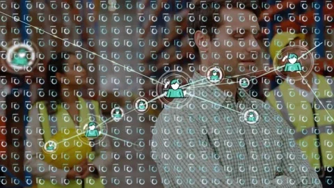 Animation of network of connections over rows of moving pattern and man working Stock Footage 157339000