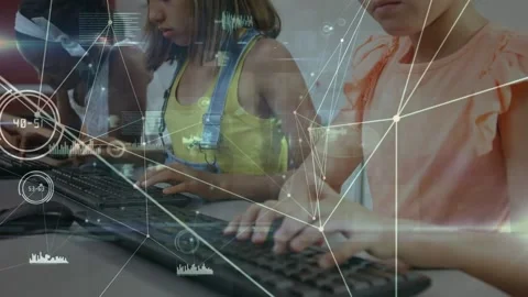 Animation of network of connections over school children using computers Video stock 156185173