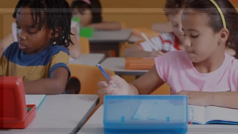 Animation of network of connections over school children using computers Stock Footage 329364441