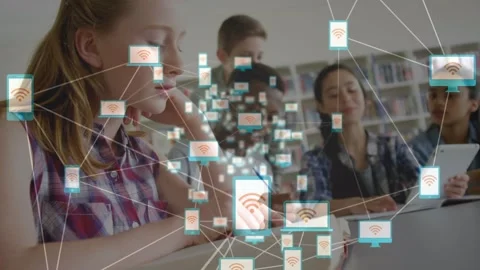 Animation of network of connections over schoolboy using computer Stock Footage 329710367