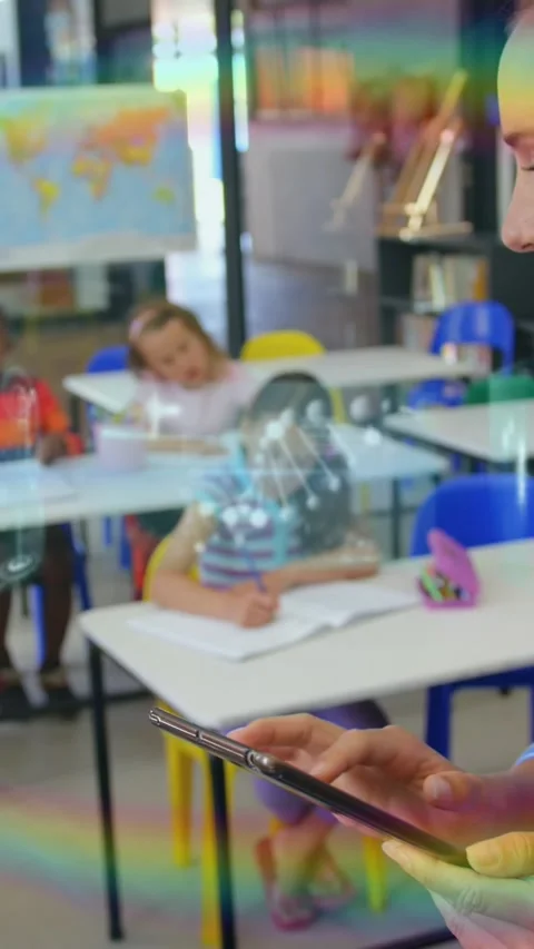 Animation of network of connections over schoolchildren using connections Stock Footage 322559967