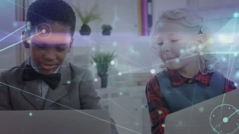 Animation of network of connections over schoolchildren using computer Stock Footage 329710314