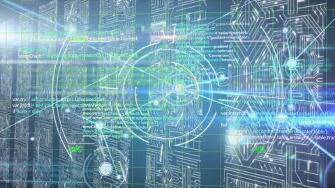 Animation of network of connections over scope scanning and computer circuit Stock Footage 330412884