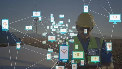 Animation of network of connections over solar panels and male engineer Stock Footage 328298101