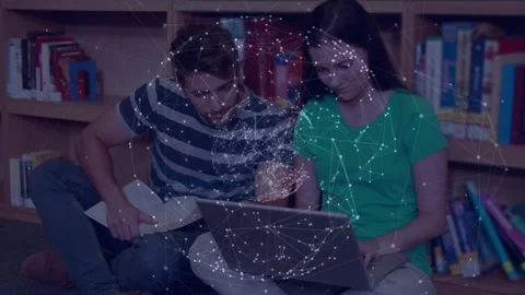 Animation of network of connections over students using tablet Stock Footage 329706910