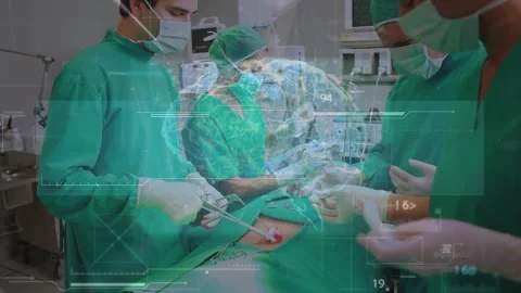 Animation of network of connections over surgeons operating on patient in Stock Footage 330178177