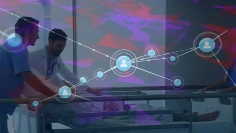 Animation of network of connections over surgeons with patient Stock Footage 330255296