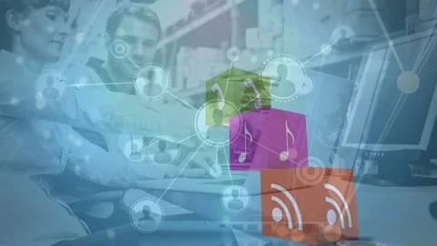 Animation of network of connections over tech icons, people and office Stock Footage 326628171