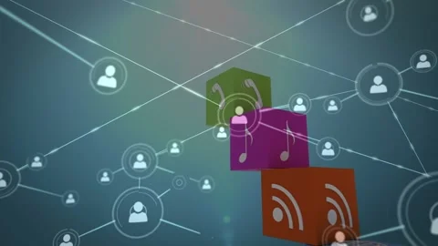Animation of network of connections over tech icons and green background Stock Footage 328082583
