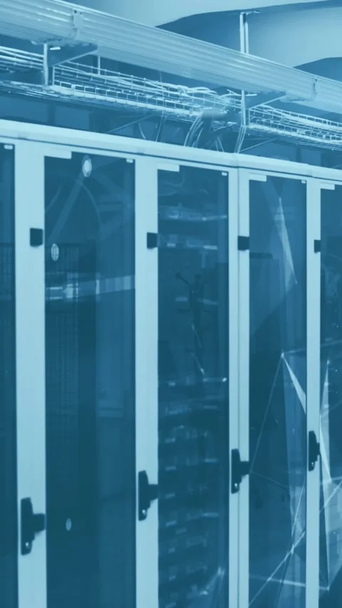 Animation of network of connections over tech room with computer servers Stock Footage 343079597