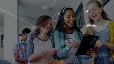 Animation of network of connections over three diverse girls using digital Stock Footage 220745581