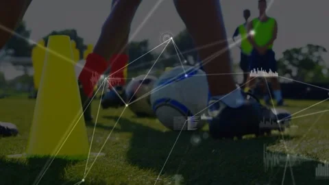 Animation of network of connections over woman exercising outdoors Stock Footage 330343853