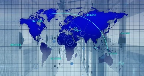 Animation of network of connections over world map against computer server room Vídeos de archivo 325704130