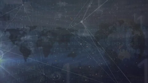 Animation of network of connections over world map and globe against binary Stock Footage 327195856