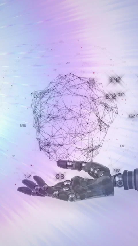 Animation of network of connections processing data over hand of robot arm, with Stock Footage 344595484