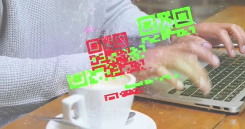 Animation of network of connections with qr code over man using laptop Stock Footage 330179240