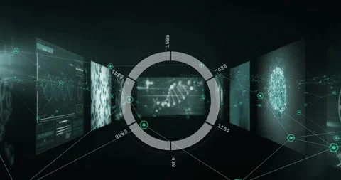 Animation of network of connections with scope scanning over digital screens Stock Footage 267823430