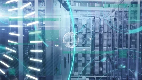 Animation of network of connections with scopes sover computer servers Stock Footage 329686944