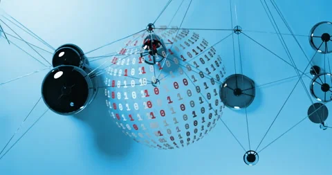 Animation of network of connections with spheres over globe of binary coding Stock Footage 309842154