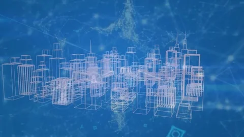 Animation of network of connections with spots over 3d cityscape on blue Stock Footage 328977641