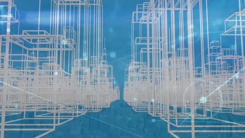 Animation of network of connections with spots over 3d cityscape on blue Stock Footage 330107926