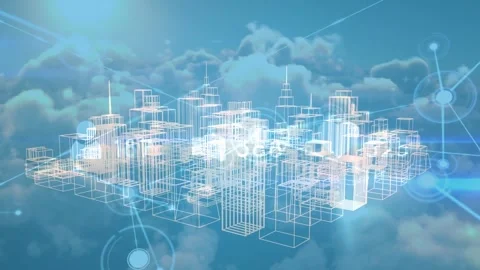 Animation of network of connections with spots over 3d cityscape on blue Stock Footage 330732116