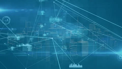 Animation of network of connections with statistics over 3d cityscape spinning Stock Footage 329559537