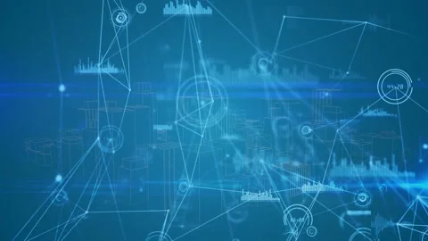 Animation of network of connections with statistics over 3d cityscape spinning Stock Footage 329563187
