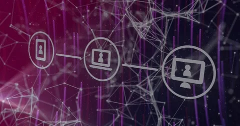 Animation of network of connections with tech icons over purple background Stock Footage 329030428