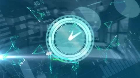 Animation of network of connectionss with clock and data processing over empty Stock Footage 200889258