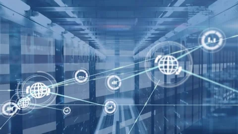 Animation of network of data icons processing over computer server room Stock Footage 327784134