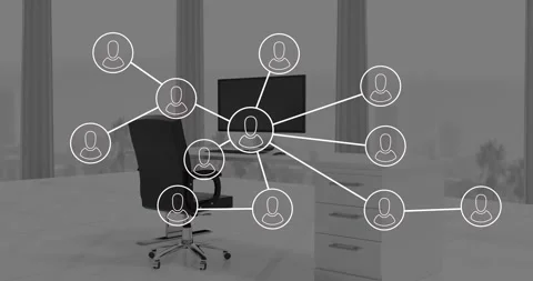 Animation of network with data processing over computer in office Stock Footage 329127335
