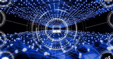 Animation of network of digital computer icon over blue glowing network on dark Stock Footage 327849238