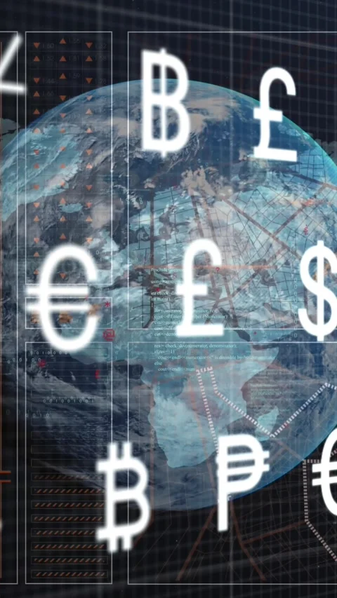 Animation of network of digital currency symbols and data processing over globe Stock Footage 344284285