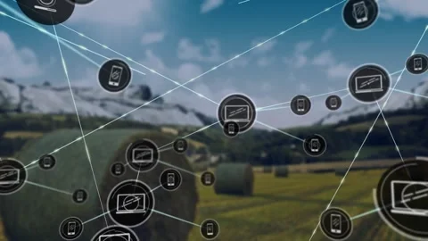 Animation of network of digital icons against rolled sods on grassland and blue Video stock 247932229