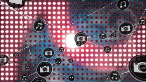 Animation of network of digital icons against rows of dots pattern against blue Stock Footage 326095669