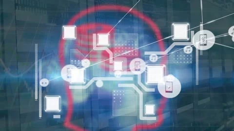Animation of network of digital icons against light trails over computer server Stock Footage 327060397