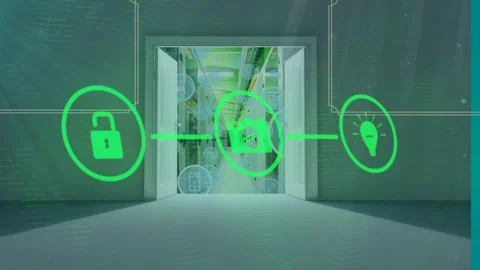 Animation of network of digital icons against opening door of computer server Stock Footage 327445873