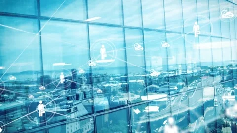 Animation of network of digital icons against reflection of cityscape on Stock Footage 327592719