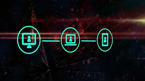 Animation of network of digital icons against binary coding and light spot on Stock Footage 328150044