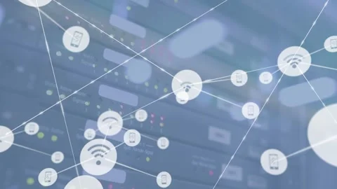 Animation of network of digital icons against close up of a computer server Stock Footage 328646608