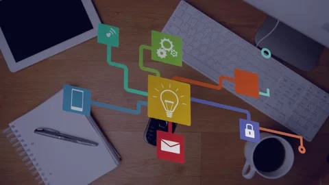 Animation of network of digital icons against stapler falling over office Stock Footage 329233601