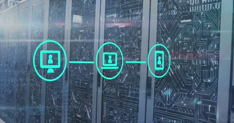 Animation of network of digital icons against microprocessor connections over Vídeo Stock 329863724