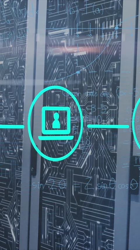 Animation of network of digital icons against microprocessor connections over Vídeo Stock 342612591
