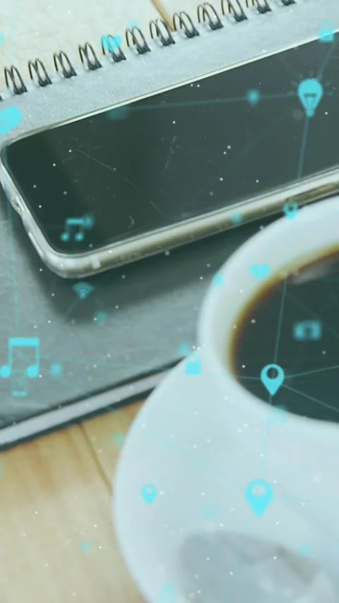 Animation of network of digital icons against smartphone, diary and coffee cup Stock Footage 343955648