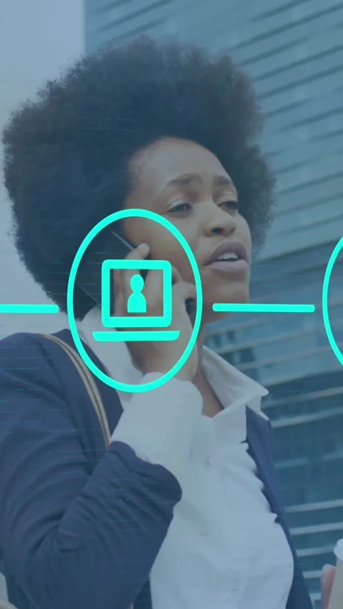 Animation of network of digital icons against african american woman talking on Stock Footage 344746097