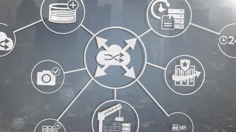Animation of network of digital icons and light spot against aerial view of 動画素材 237579809